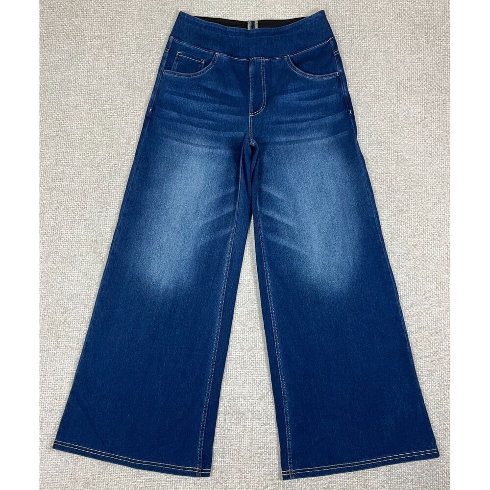Halara Jeans Wide Leg Pull On Women's Medium Petite Blue Denim Stretch High Rise